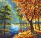 oil painting autumn gold trees and Green Pine Tree on shore against the backdrop of blue mountain river