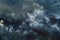 Oil painting background with storm on the sea with huge splashing waves. Atmospheric airy blurry fragment of picture. Trendy