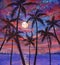 Oil painting. Beautiful relaxing landscape: palm trees, pink purple sunset over sea and large moon