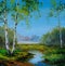 Oil painting - birch in the field near the river
