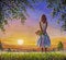 Oil painting on canvas a beautiful girl enjoys a warm sunny sky sunset dawn