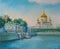 Oil painting on canvas The Cathedral of Christ the Savior in Moscow. Expressive author`s landscape in blue tones, oil painting on