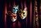 An oil painting on canvas of a colorful ornate traditional venetian masks on display, over a dark red curtain