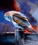 Oil painting on canvas, depicting a barn owl
