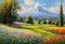 Oil painting on canvas of Mount Fuji and field of flowers in Japan. Generative AI