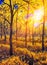 Oil painting canvas Sunset Or Sunrise In autumn Forest Landscape. Sun Sunshine Sunlight And Rays Through autumn Woods Trees In war