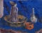 Oil painting on cardboard of still life with jug, bowls and vase on dark blue drapery