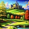 Oil painting, castle overlooking the hill