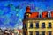 Oil painting - cityscape, house with red roof. Modern digital art, impressionism technique, imitation of Vincent van Gogh style