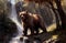 Oil painting of a close up brown bear sitting in a forest near a waterfall with trees in background