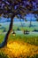 Oil painting Evening rustic landscape, a lantern hanging on a tree, a guy with a girl in love ride on a swing. Green meadows, a li