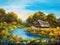 Oil Painting - Farmhouse near the river, river blue, blue sky