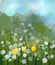 Oil painting field of yellow tulip and white daisy flowers