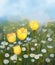 Oil painting field of yellow tulip and white daisy flowers