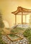 Oil painting with gazebo in Asian Japanese Garden