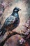 Oil painting of a gray dove sitting in a Cherry Blossom tree. Spring wildlife.