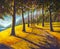 Oil painting hiking trail road in sunny forest park alley artwork