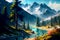 Oil painting Illustration of the scenic mountain landscape, AI generated