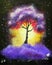 Oil painting landscape, abstract colorful purple tree