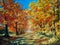 Oil Painting landscape - autumn forest, bright red leaves