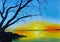 Oil Painting landscape - beautiful lake at colorful sunset