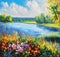 Oil painting. Landscape: Blooming plants and flowers in summer.