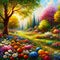 Oil painting landscape: Blooming trees and flowers in summer.