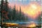 Oil painting landscape calm forest lake at sunset