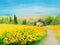 Oil painting landscape - field of sunflowers