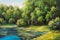 Oil painting landscape - lake in the forest, summer day.