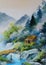 Oil painting - landscape in mountains, house in the mountains