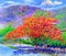 Oil painting landscape original colorful of peacock flower tree