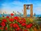 Oil painting landscape - poppies near the sea, bell at sunset.