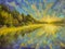 Oil painting landscape - Sunset dawn over lake water river sea. The rays of sun reflected in water. Green Forest