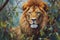 Oil painting of a lion in the forest,  Artwork on canvas