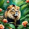 an oil painting of a lion among roses and palm leaves