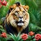 an oil painting of a lion among roses and palm leaves