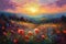 Oil painting meadow landscape at sunset. Field with poppies, dandelions and daisies. Impressionist style.