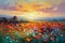 Oil painting meadow landscape at sunset. Field with poppies, dandelions and daisies. Impressionist style.