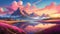 Oil painting of mountains, river or lake, pink blooming nature. Beautiful natural landscape