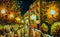 oil Painting - night city street with old yellow orange houses. Palette knife oil painting - white lamp post, reflection, trees