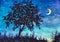 Oil painting night landscape - Starry Night sky with moon and Lonely Tree