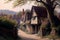 Oil painting of an old fashioned quintessential English country village