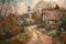 Oil painting of an old fashioned quintessential English country village in a rural landscape setting with an Elizabethan Tudor