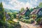 Oil painting of an old fashioned quintessential English country village in a rural landscape setting with an Elizabethan Tudor
