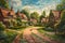 Oil painting of an old fashioned quintessential English country village in a rural landscape setting with an Elizabethan Tudor