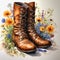 The oil painting of a pair of brown old boots among wild flowers