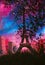 Oil Painting - Paris at night with purple clouds and beautiful silhouette of Eiffel tower artwork City