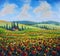 Oil painting Provence nature landscape fields of red poppies, farmhouse houses among hills and cypress trees in mountains art