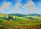 Oil painting Provence nature landscape fields of red poppies, farmhouse houses among hills and cypress trees in mountains art